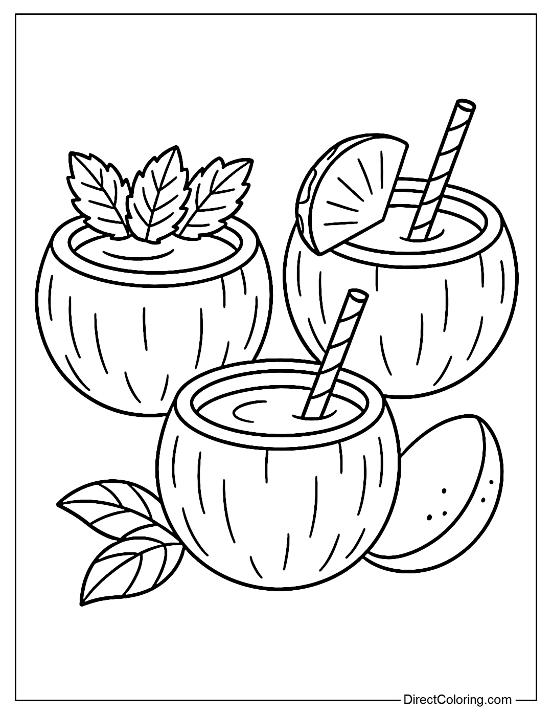 Creative coconut juice blends coloring page: mint coconut, pineapple coconut, mango coconut.